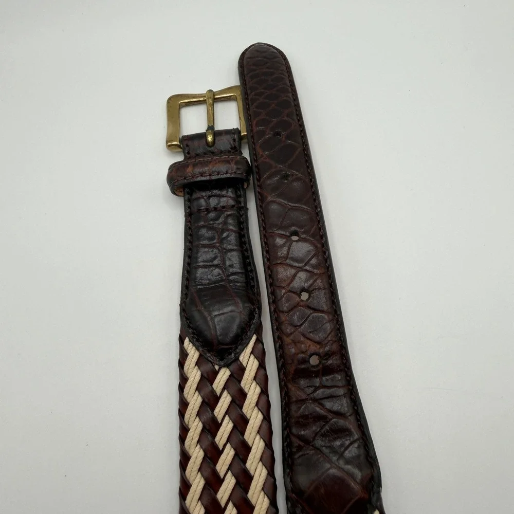 Mens‎ Woven Braided Leather Belt Brown Cream Crocodile Embossed Size 38